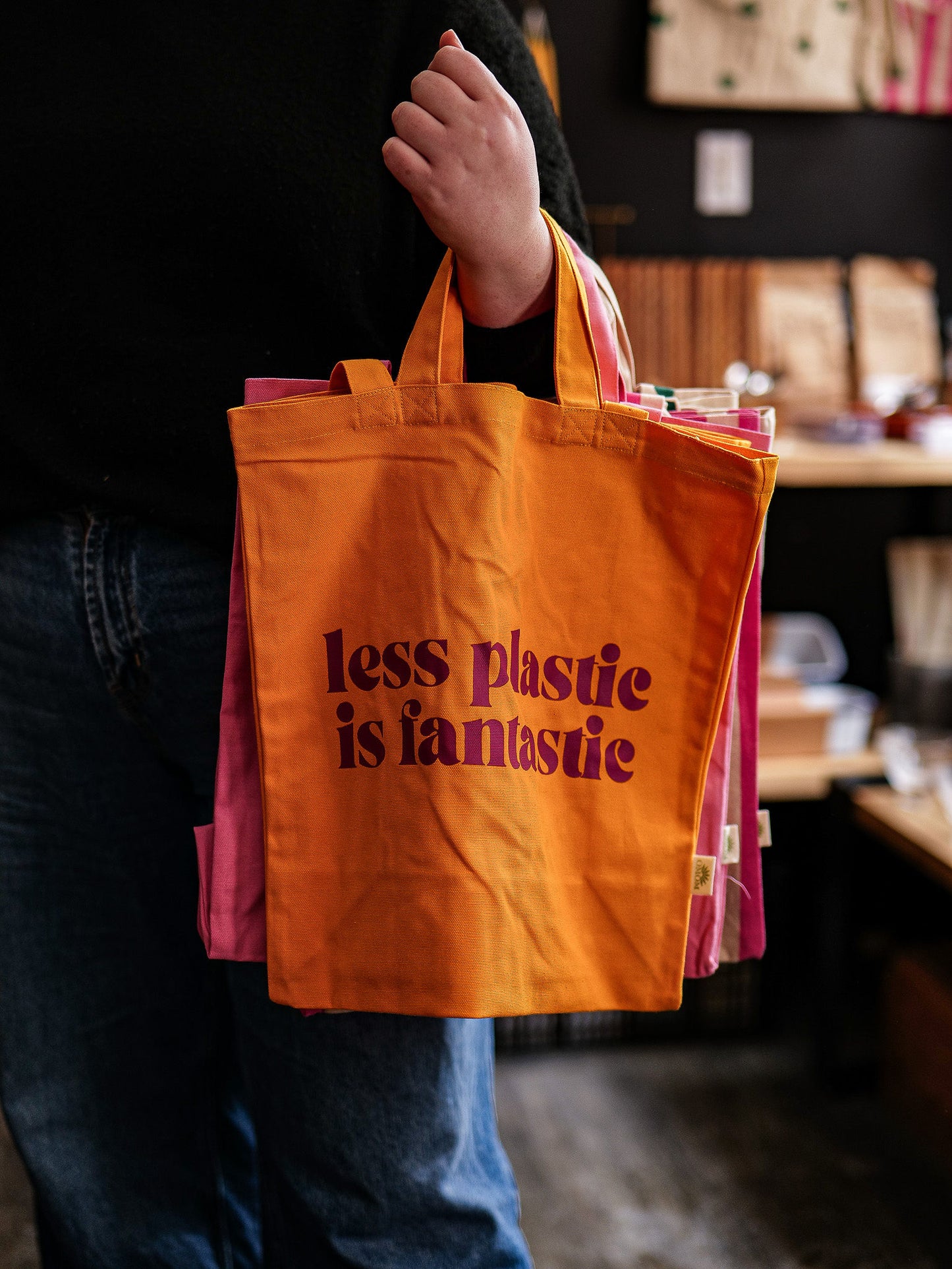 Organic cotton tote bag Less plastic is fantastic - OMOM
